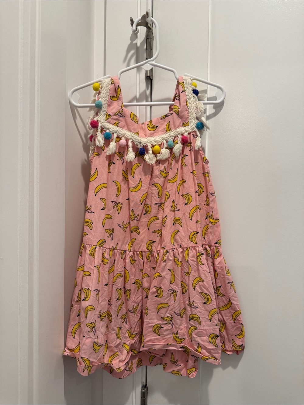 Pink Banana-Print Girls' Casual Sundress with Pom Trim